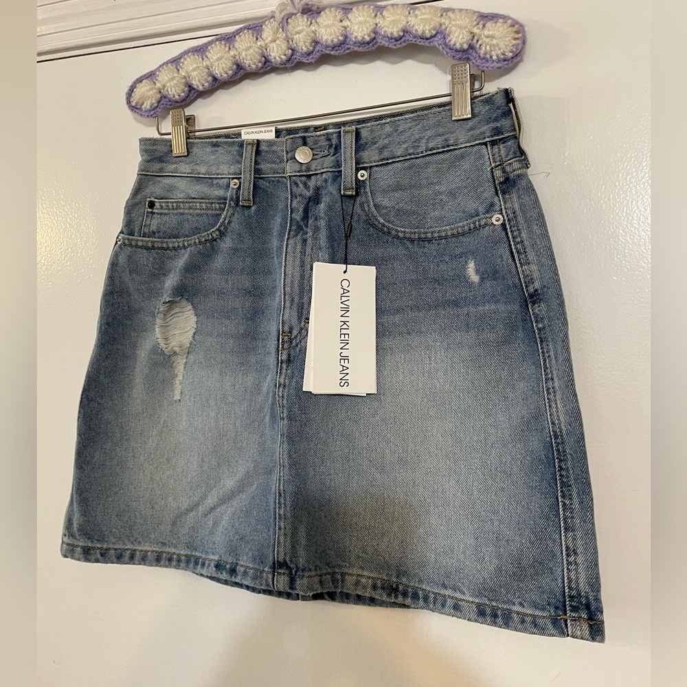 NWT Calvin Klein Jeans High Waisted Denim Skirt size 30 Distressed Jean Skirt